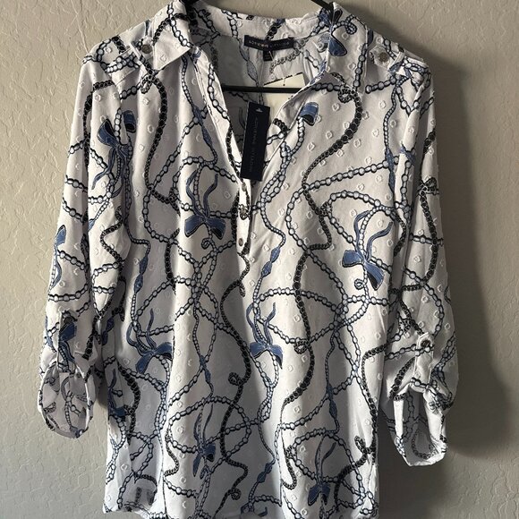 NWT White Rope Print Blouse – Roll Tab Sleeves – Size M - Picture 1 of 2
